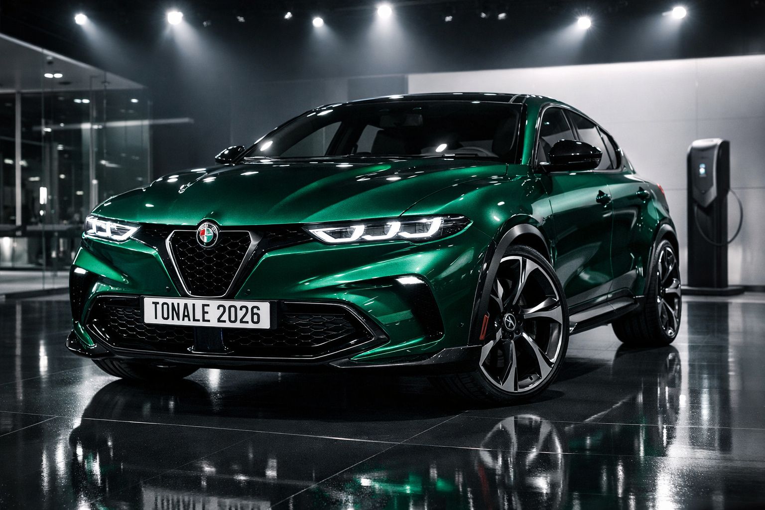 Carro elétrico Alfa Romeo Tonale 2026 verde, mostrado em ambiente interno moderno e brilhante.
