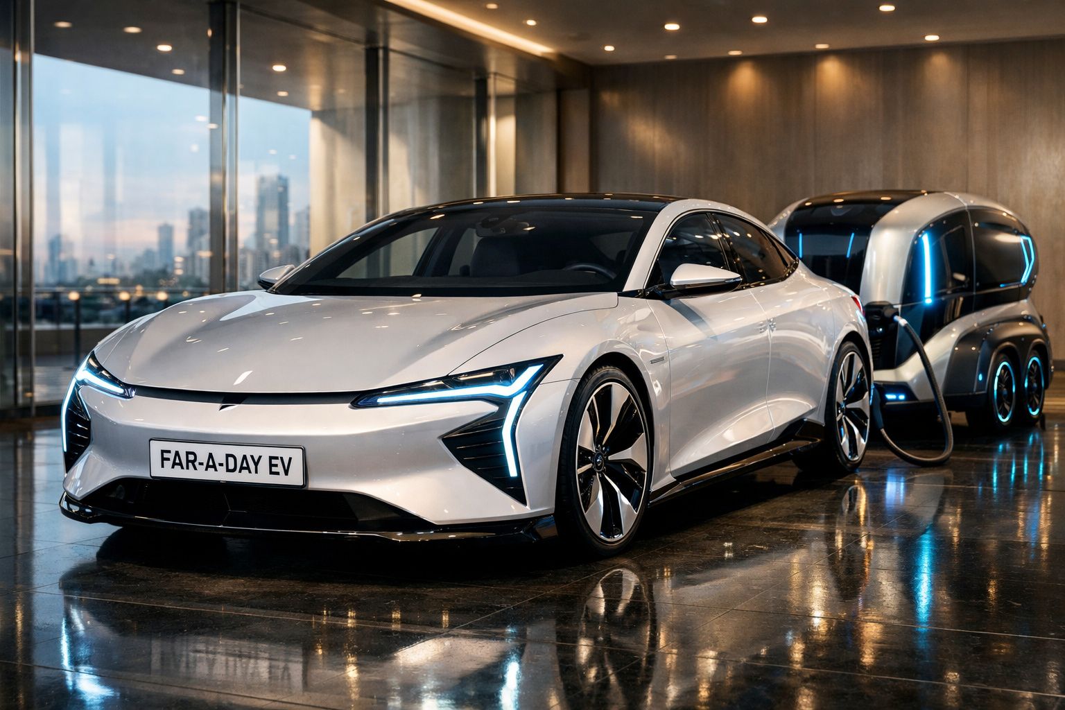 Carro elétrico branco moderno ligado a um carregador numa garagem com piso refletor.
