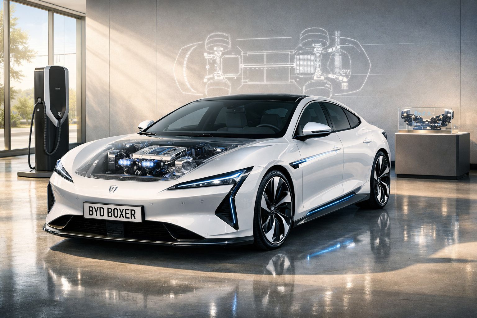 Carro elétrico BYD Boxer branco num showroom com motor visível e estação de carregamento ao lado.