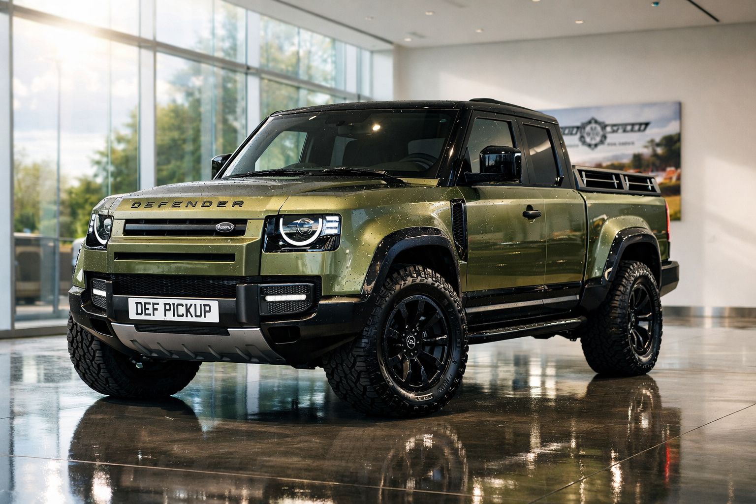 Carrinha pick-up Land Rover Defender verde metálico com detalhes em preto, exibida em showroom moderno.