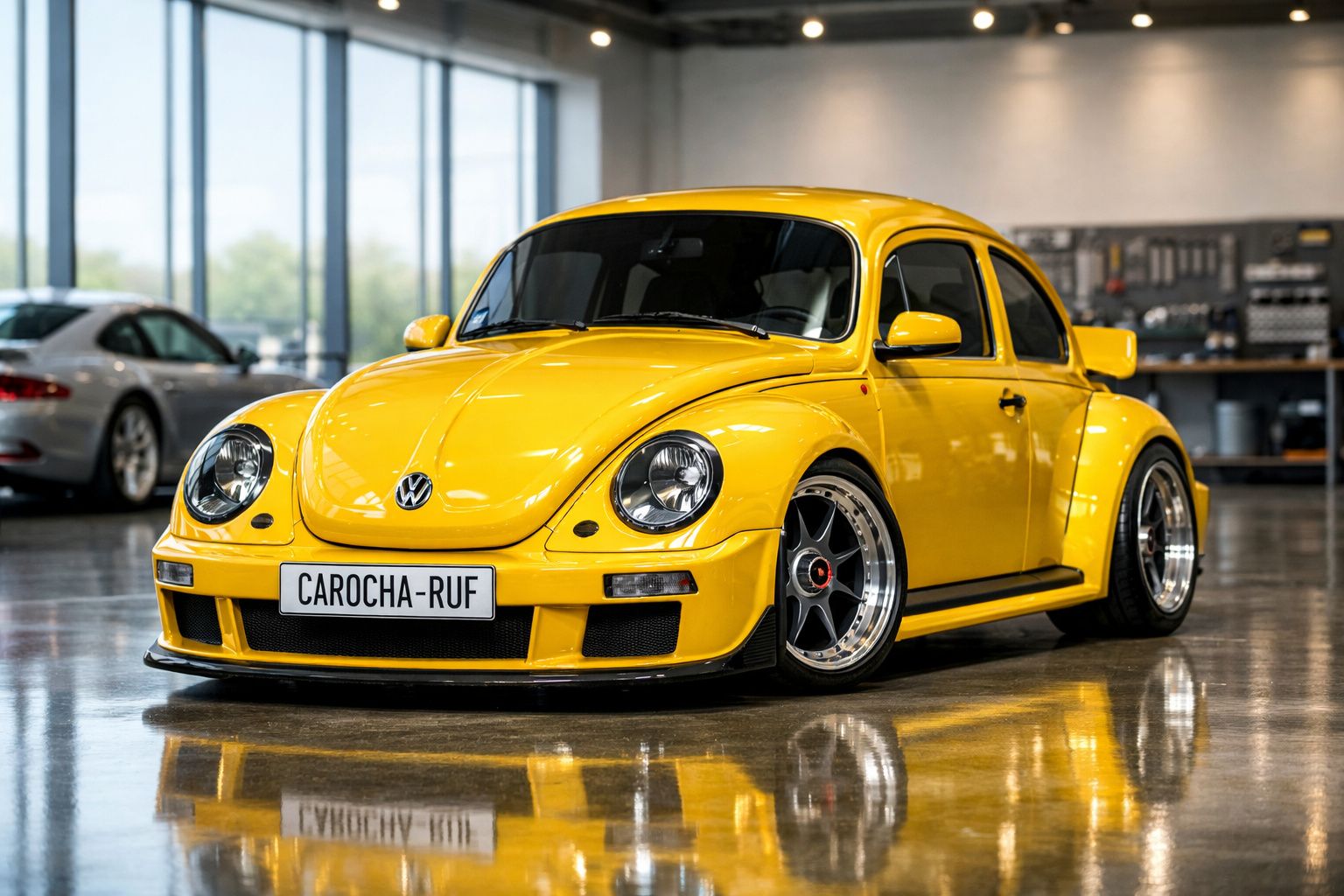 Carro Volkswagen Carocha amarelo personalizado, estacionado em interior com reflexo no piso.