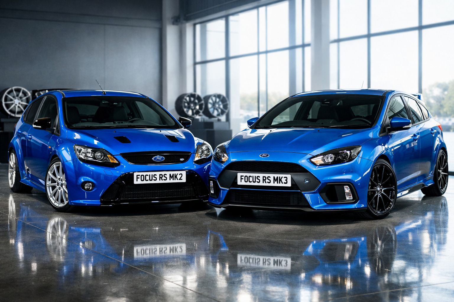 Dois carros Ford Focus RS azuis, modelos MK2 e MK3, estacionados lado a lado num espaço interior moderno.
