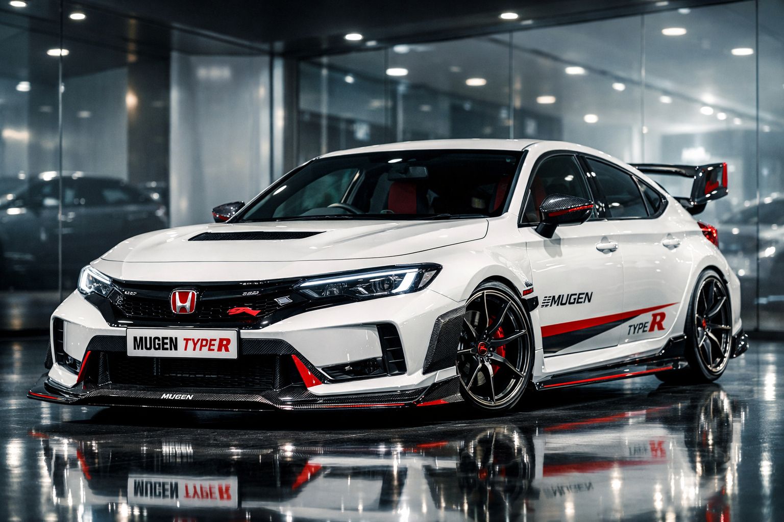 Carro desportivo Honda Civic Type R Mugen branco com detalhes em vermelho estacionado em piso brilhante.