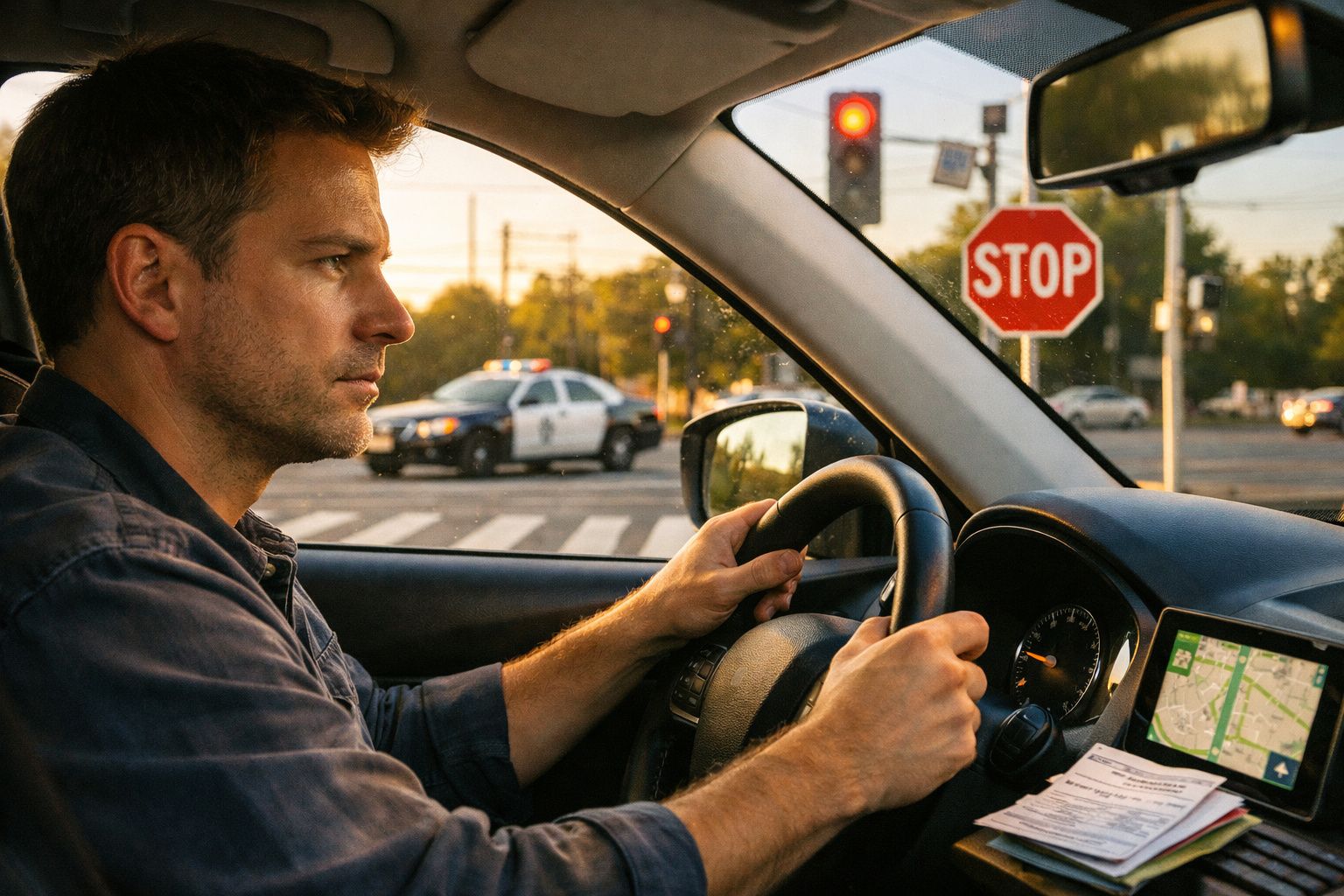 Homem conduzir carro parado num semáforo vermelho junto a sinal de stop numa estrada movimentada.