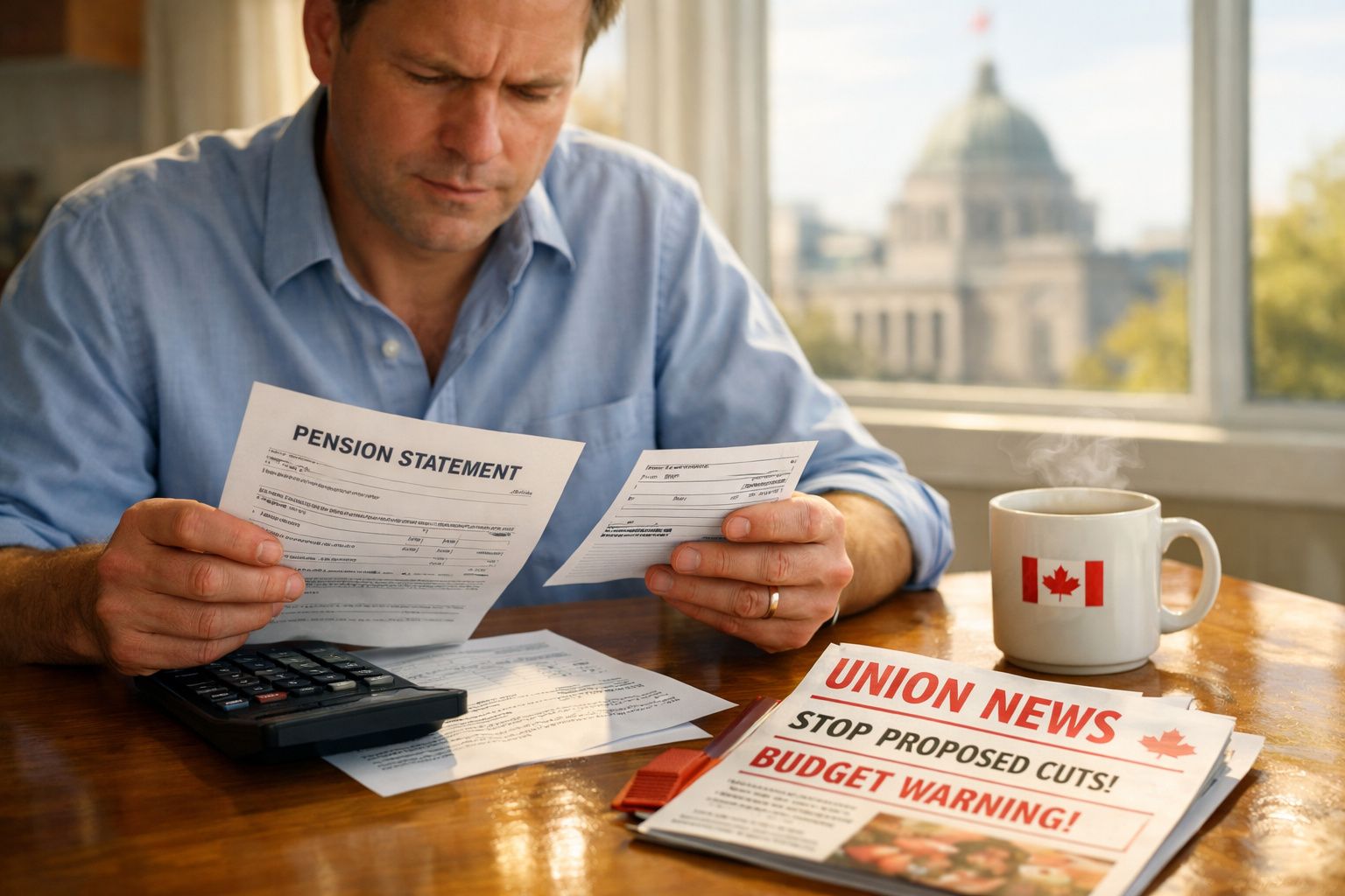 Homem analisa extrato de pensão e notícias sobre orçamento, com caneca do Canadá à sua frente.