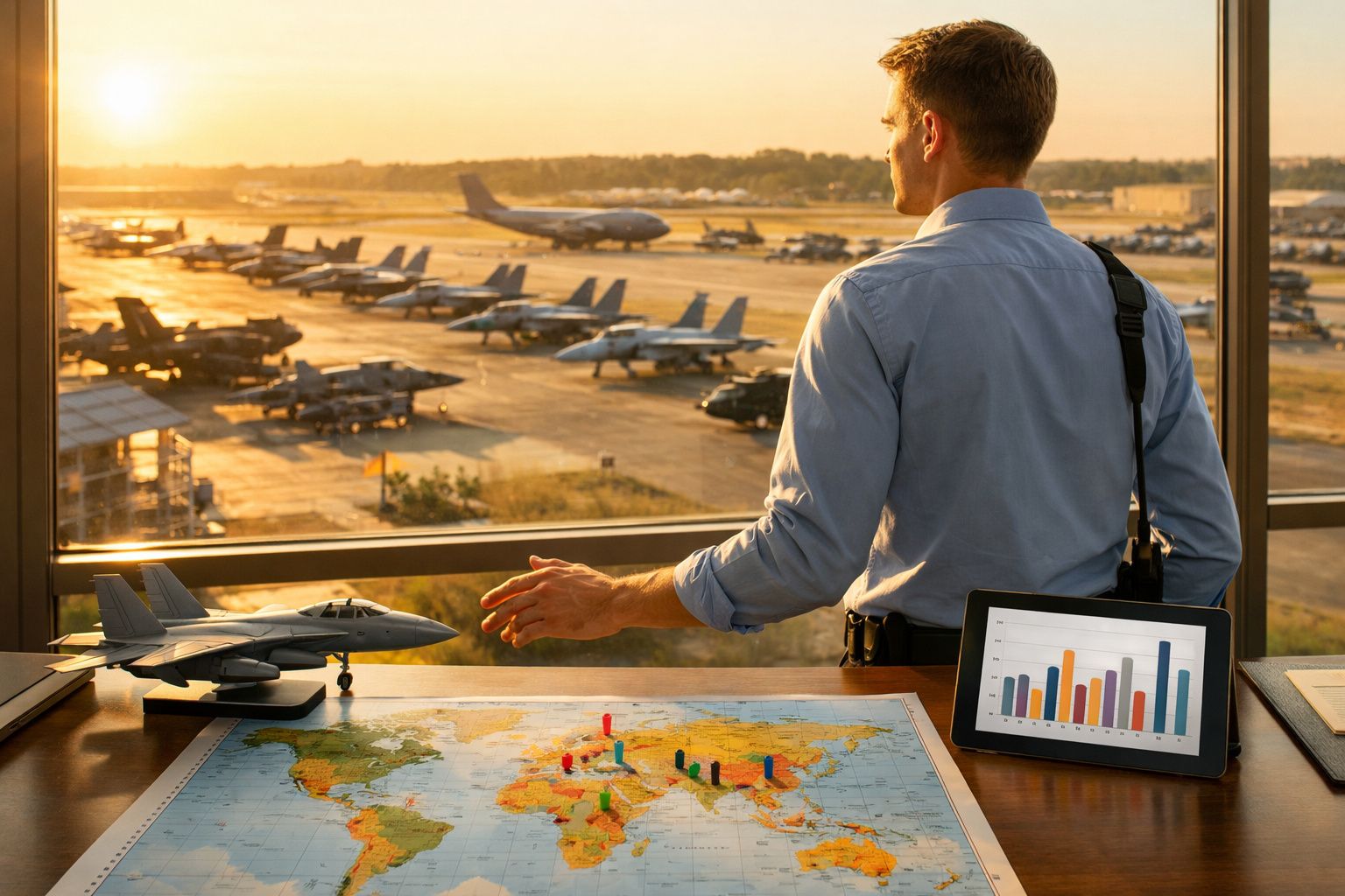 Homem observa aviões no aeroporto ao pôr do sol, com mapa mundial e gráfico em tablet sobre mesa.