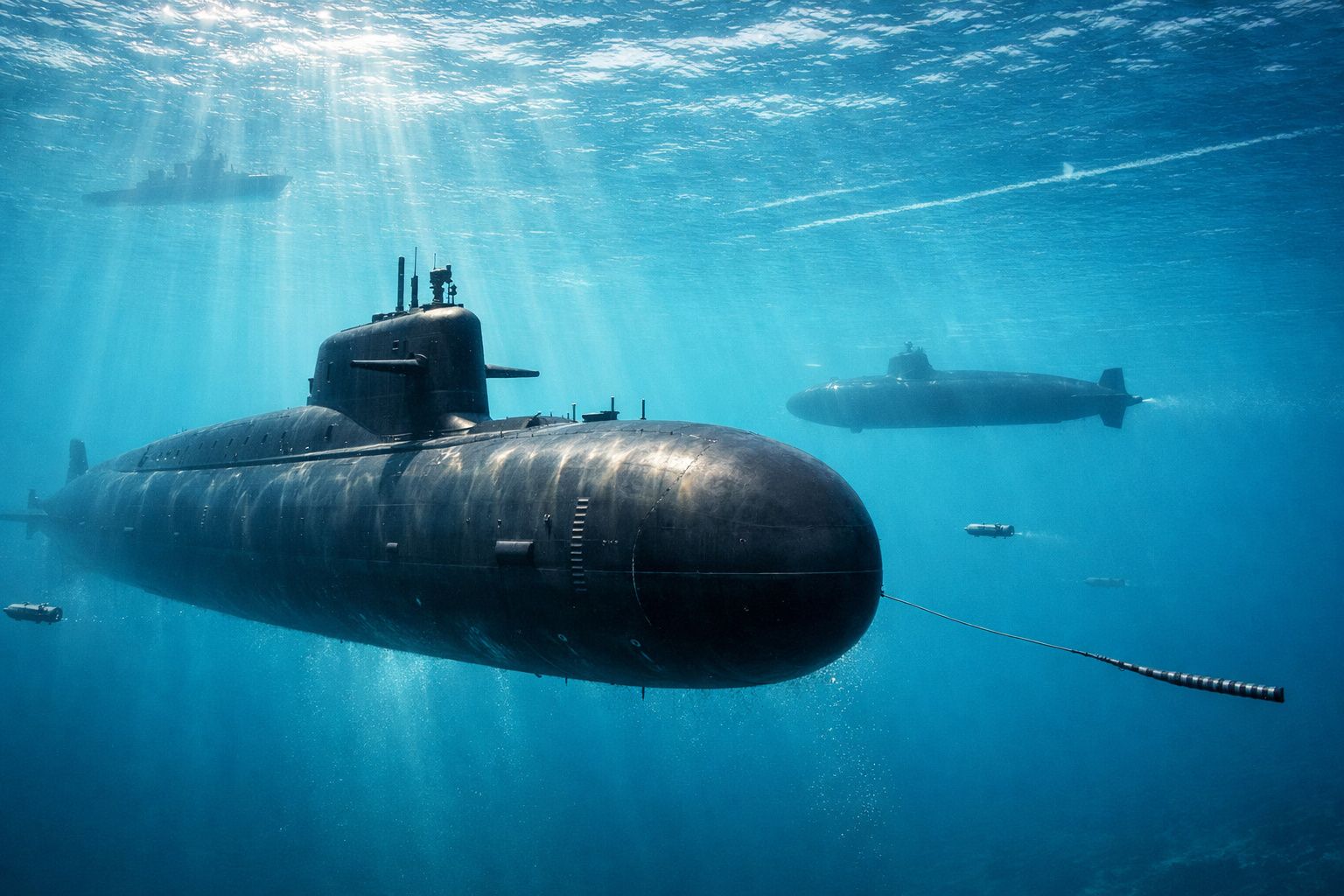 Dois submarinos a navegar debaixo de água com luz solar a penetrar a superfície do mar.