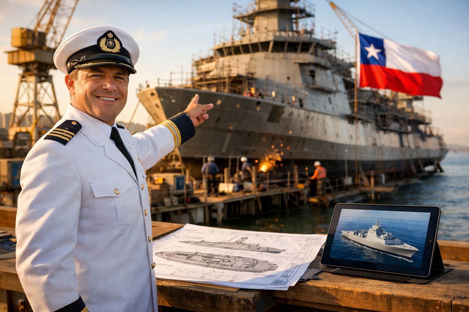 Capitão em uniforme branco aponta para grande navio em construção com bandeira do Chile ao fundo.