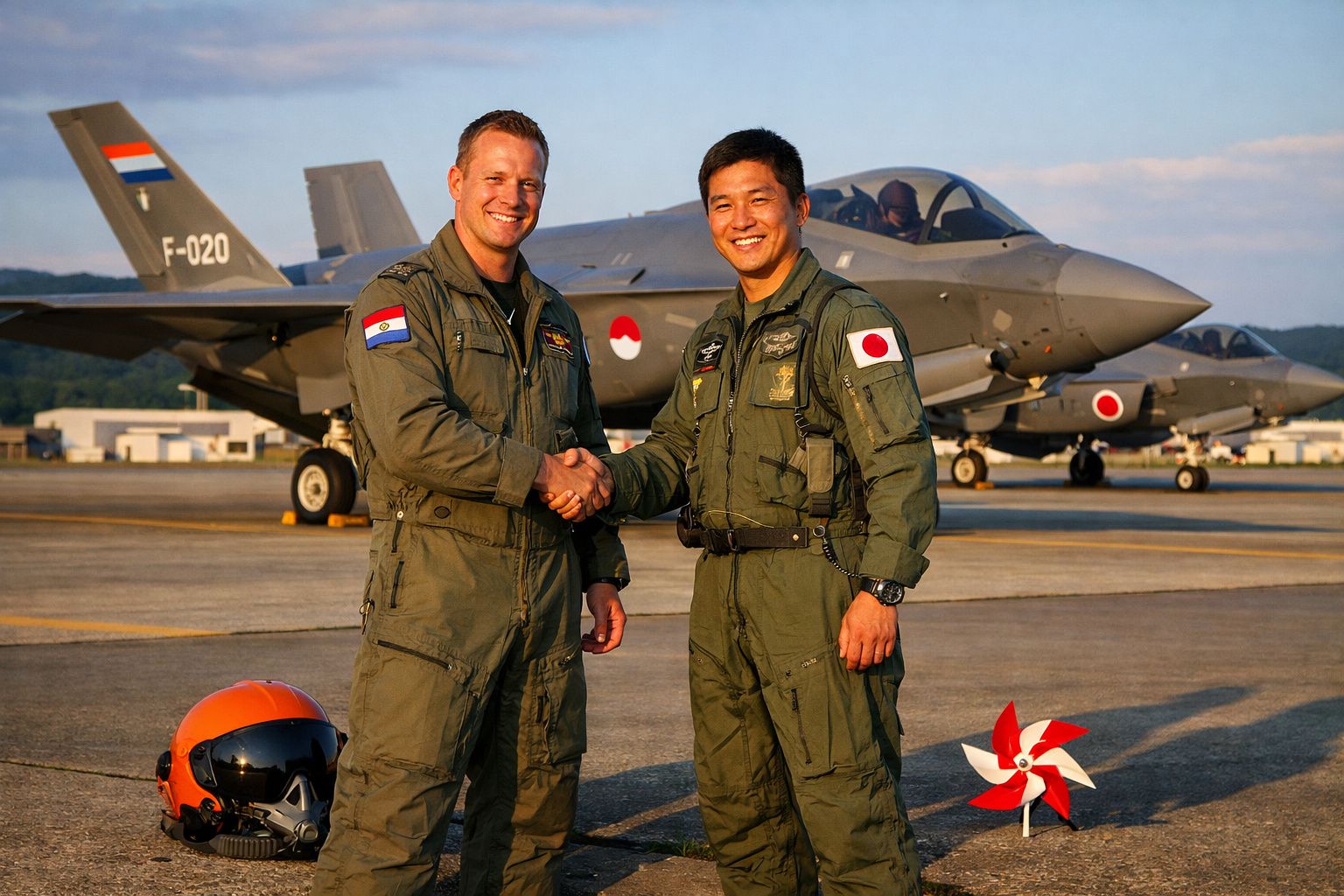 Dois pilotos militares, um com bandeira do Paraguai e outro com bandeira do Japão, apertam as mãos em pista com jatos ao fund