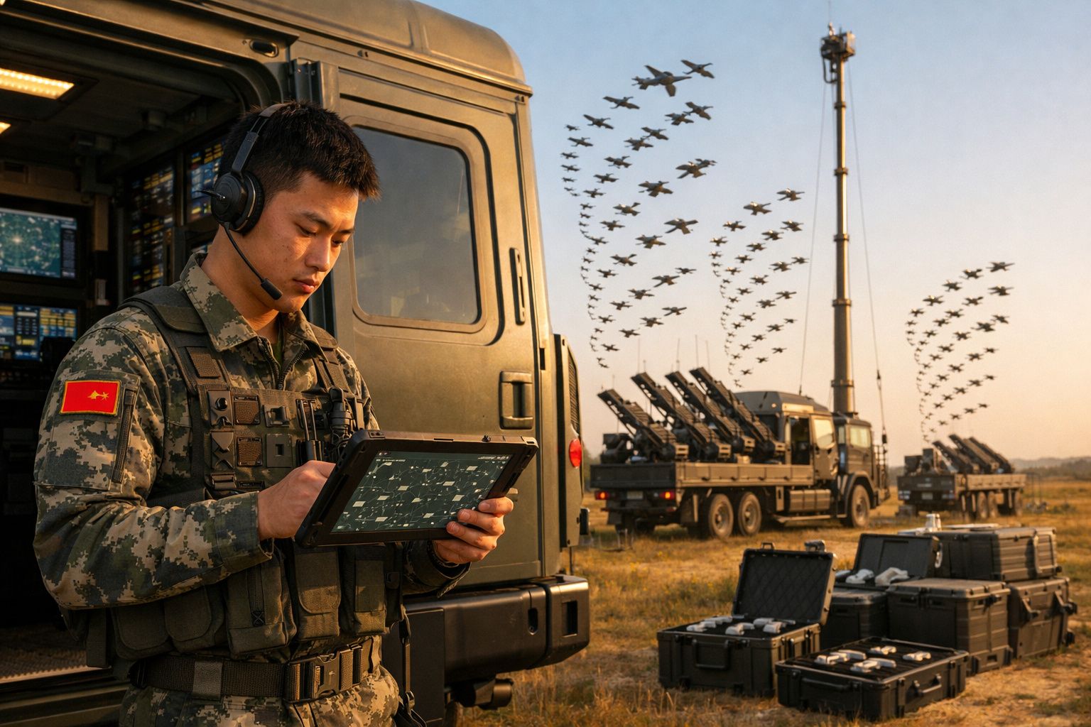 Soldado asiático com uniforme militar e auscultadores usa tablet perto de camiões militares e aviões em formação no céu.