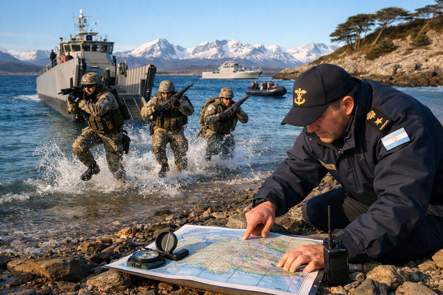 Soldado aponta para mapa na praia enquanto soldados armados saem de barco militar junto a montanhas nevadas.