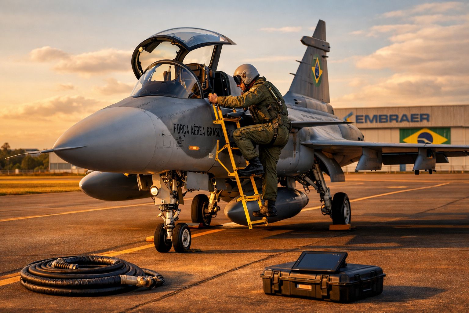 Soldado a entrar em caça da Força Aérea Brasileira numa pista ao pôr do sol.
