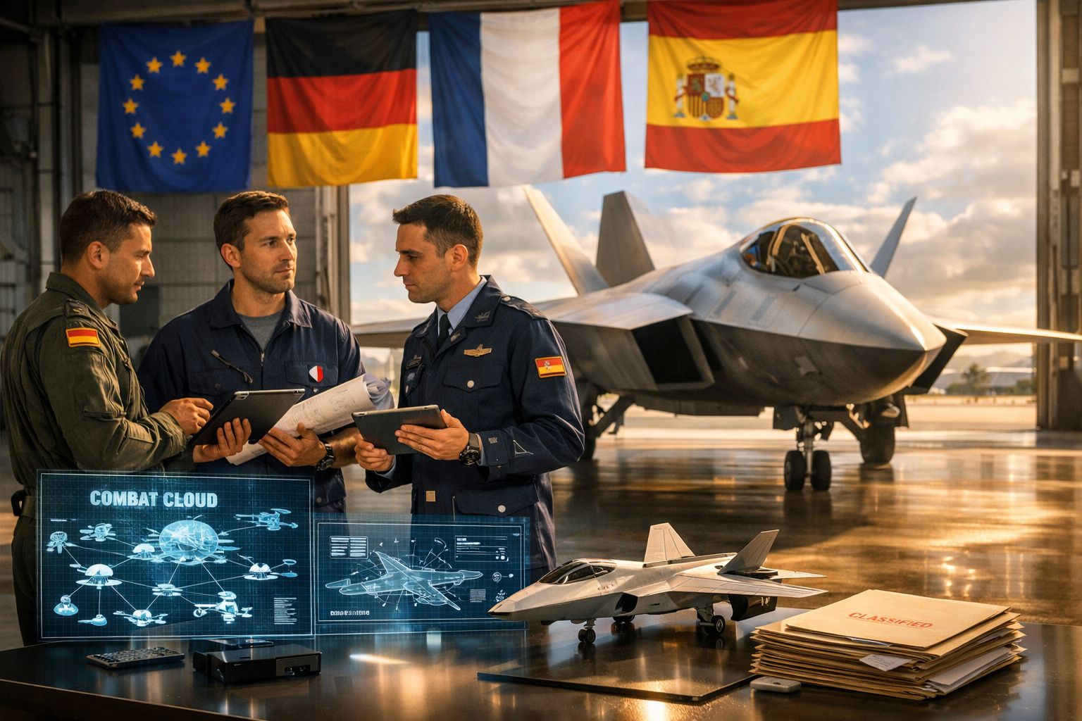 Três militares com uniforme discutem planos num hangar com jato militar, maquete de avião e bandeiras ao fundo.
