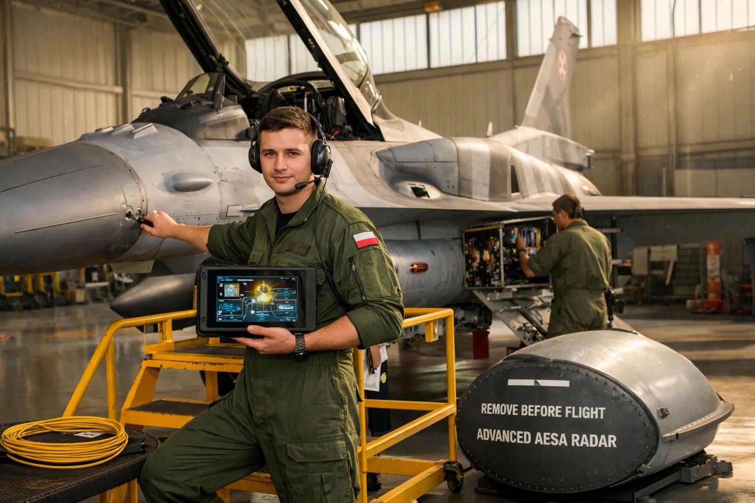 Técnico militar com tablet e auscultadores ao lado de caça num hangar, outro técnico a repará-lo ao fundo.