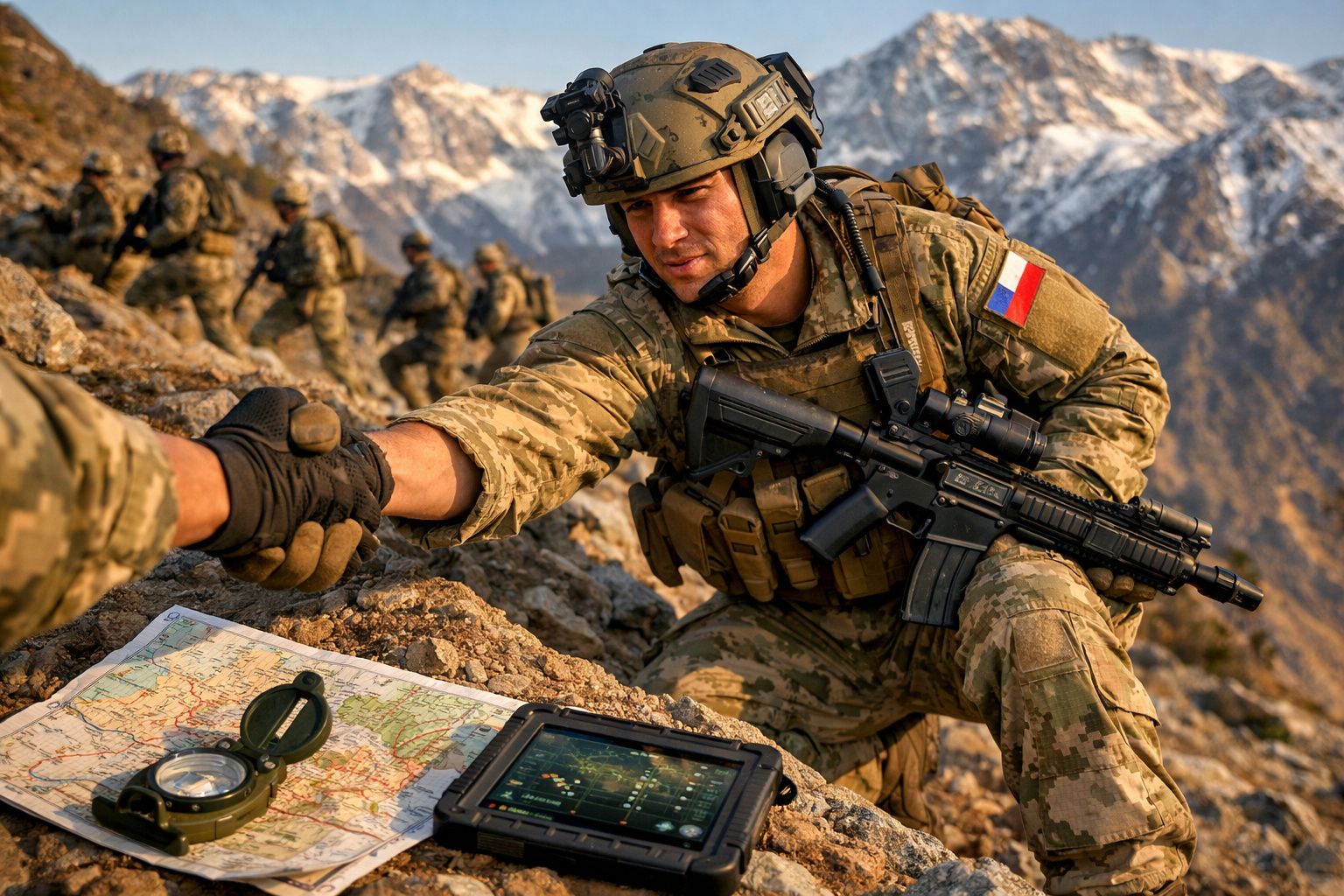 Soldado em uniforme militar e capacete cumprimenta colega em terreno montanhoso com mapa, bússola e tablet.