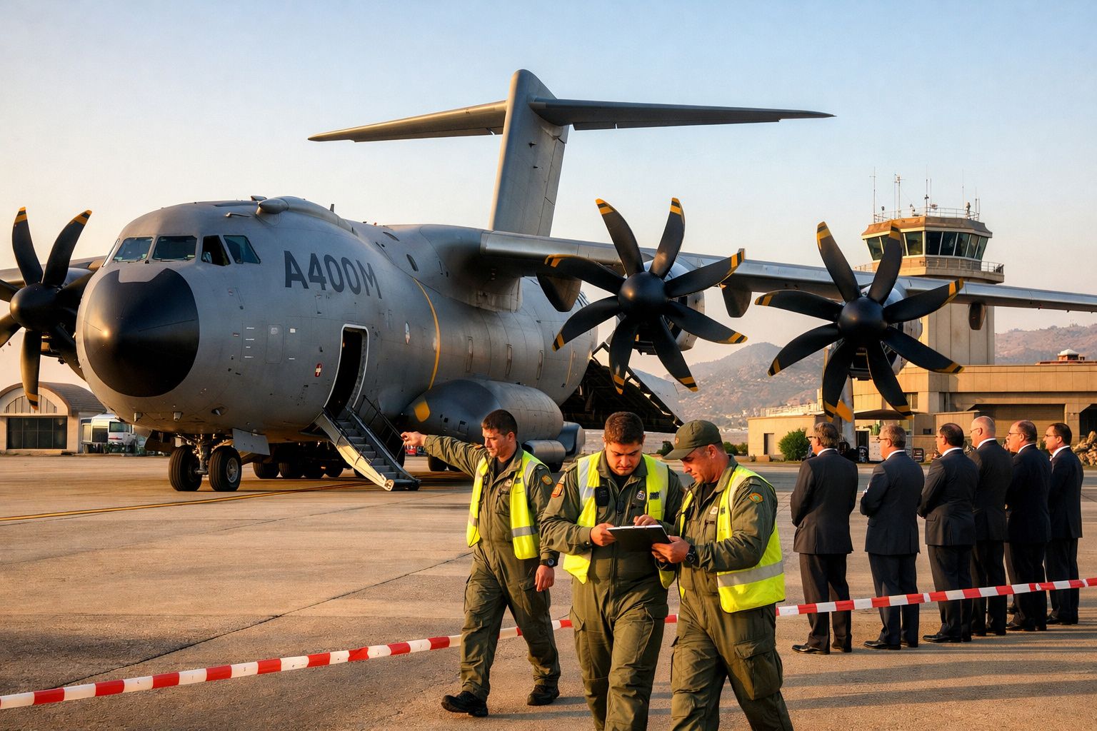 Avião de transporte militar A400M estacionado com três militares em coletes refletivos e grupo de homens em fatos ao fundo.