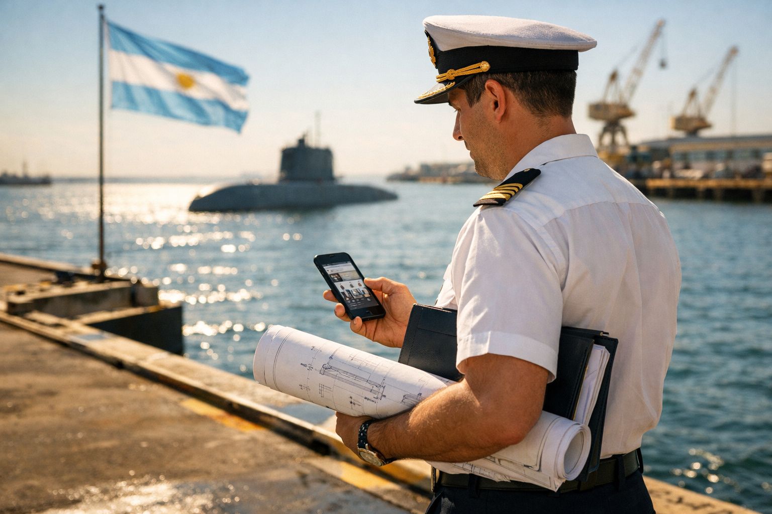 Militar naval com farda branca segurando plantas e telemóvel num cais com submarino e bandeira da Argentina ao fundo.