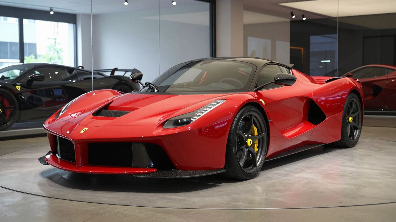 Ferrari desportiva vermelha com teto preto exposta em salão com paredes de vidro e reflexos.