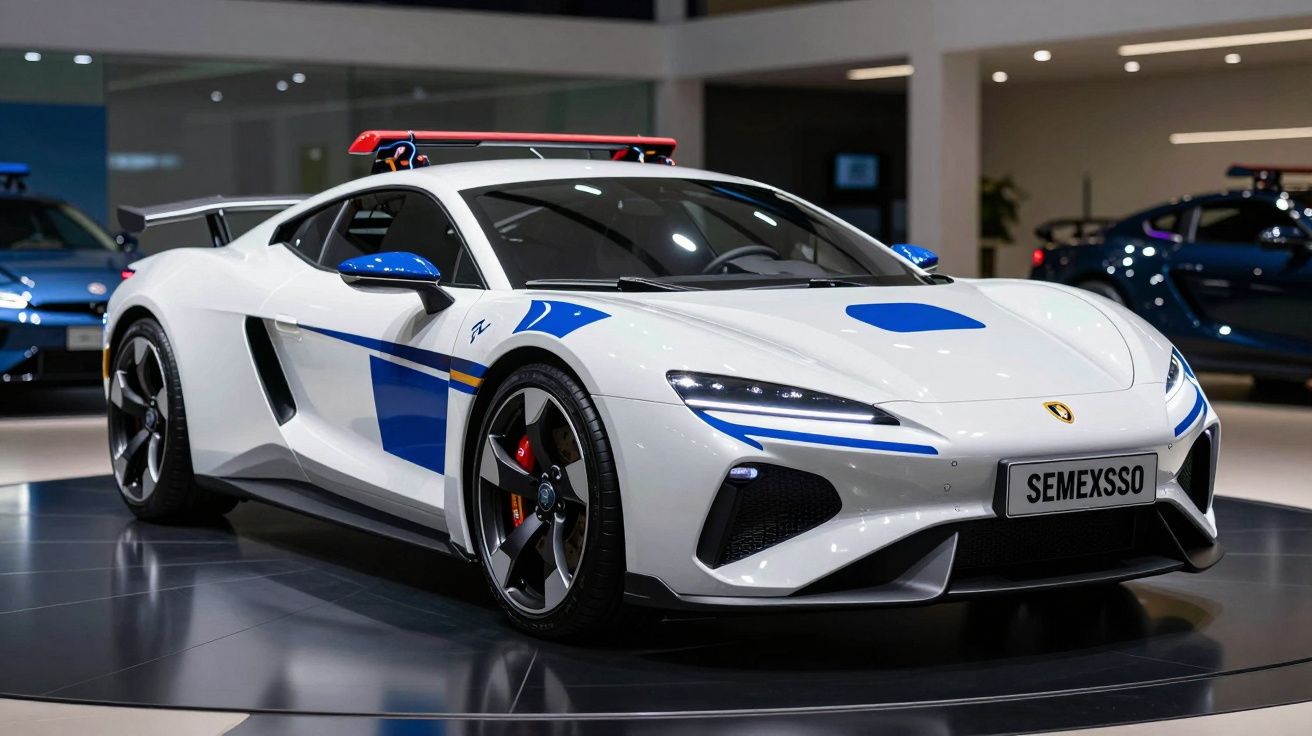 Carro desportivo branco com detalhes azuis e sirene no teto, exposto numa sala moderna.