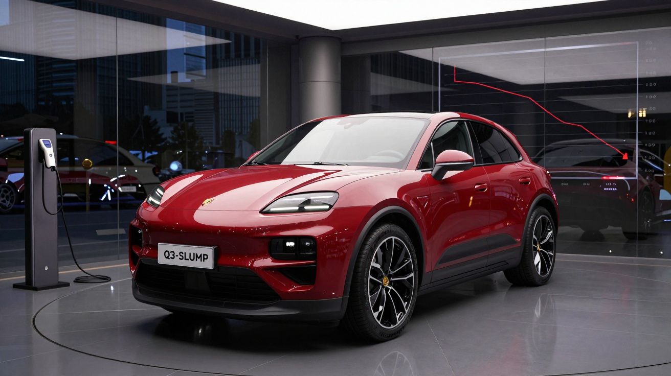 Carro elétrico vermelho estacionado junto a uma estação de carregamento num showroom moderno.