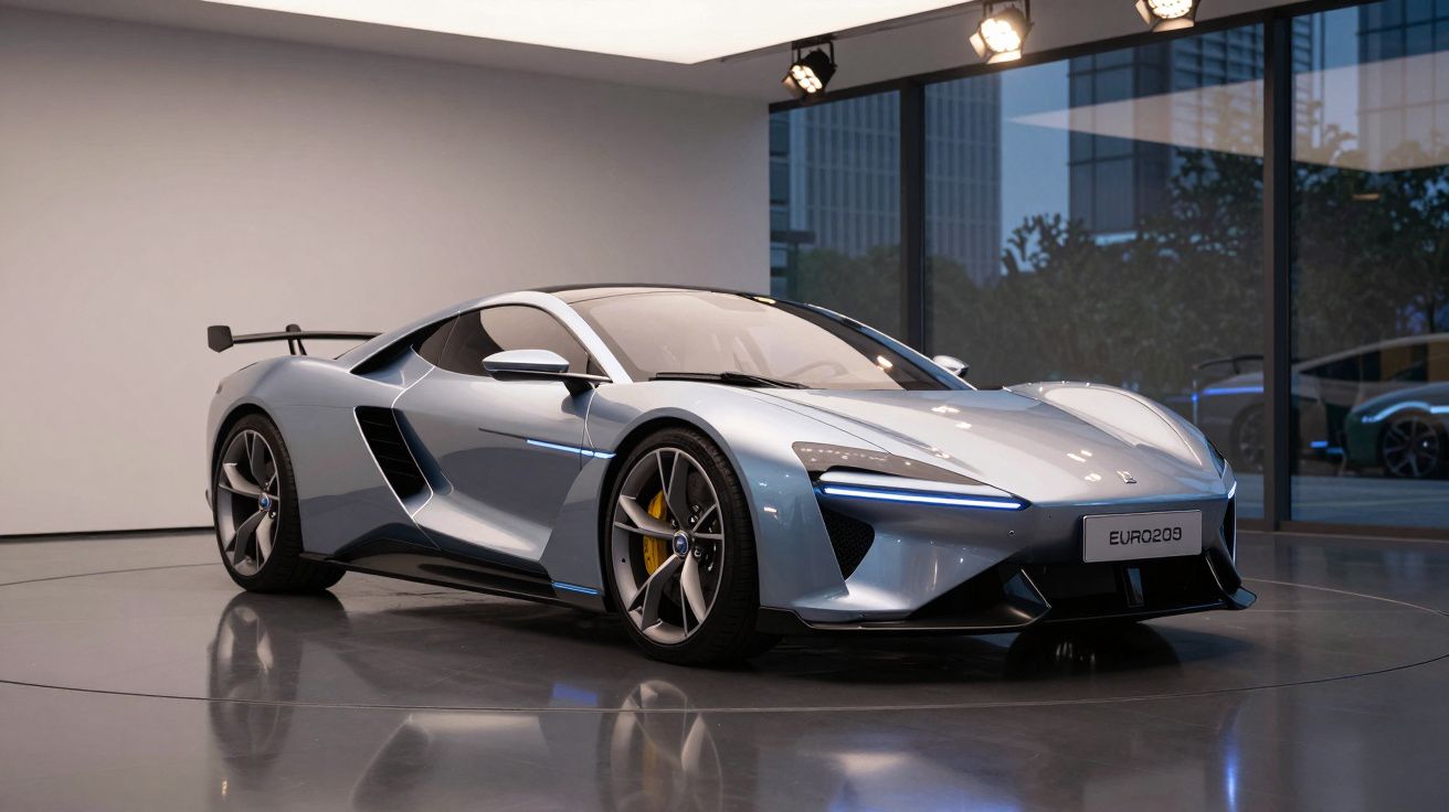 Automóvel desportivo cinza metálico em exposição num espaço moderno com grandes janelas.