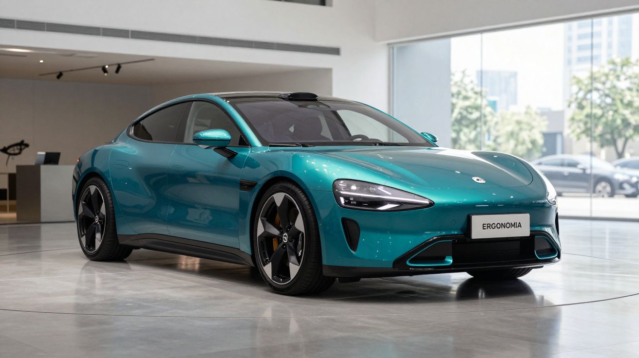 Carro desportivo elétrico verde azul em exposição numa sala moderna com luz natural.