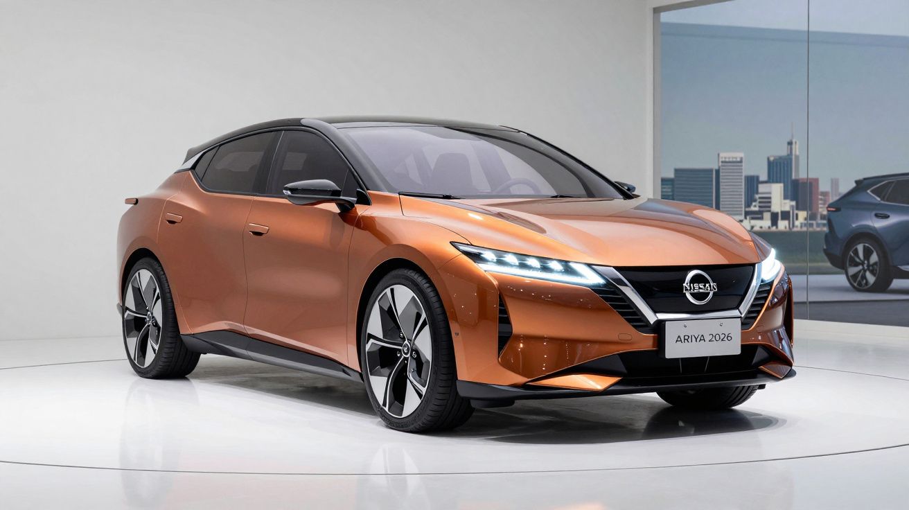 Carro elétrico Nissan Ariya 2026 laranja brilhante em exposição moderna e minimalista.