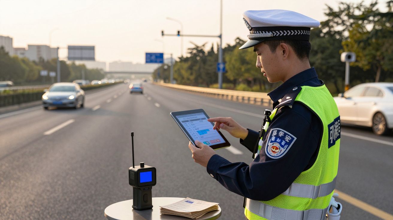 Polícia rodoviário asiático com colete reflexivo a operar tablet numa autoestrada ao pôr do sol.