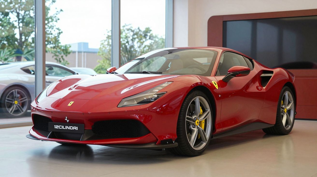 Carro desportivo vermelho Ferrari estacionado numa sala com chão claro e grandes janelas.