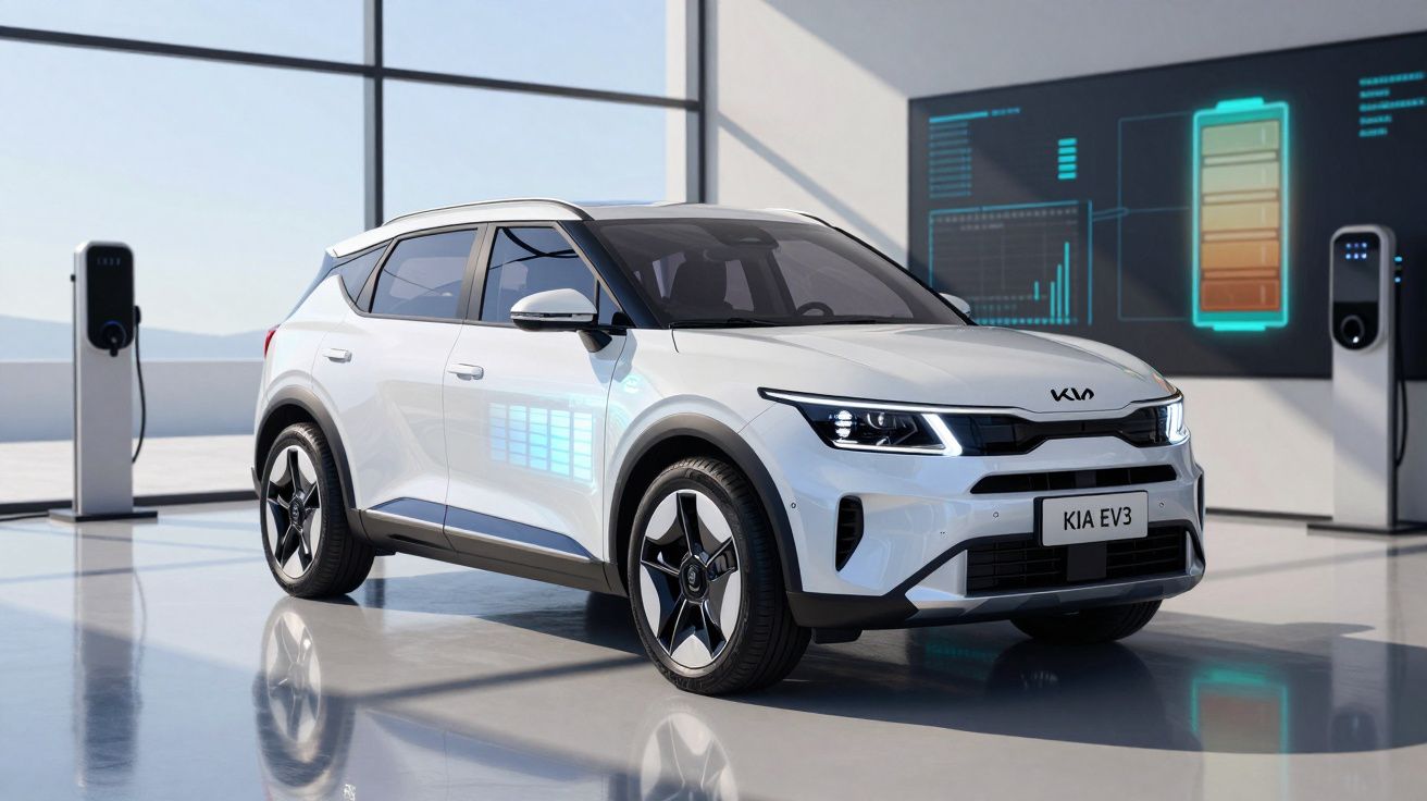 Carro elétrico branco Kia EV3 estacionado num espaço moderno com estações de carregamento.