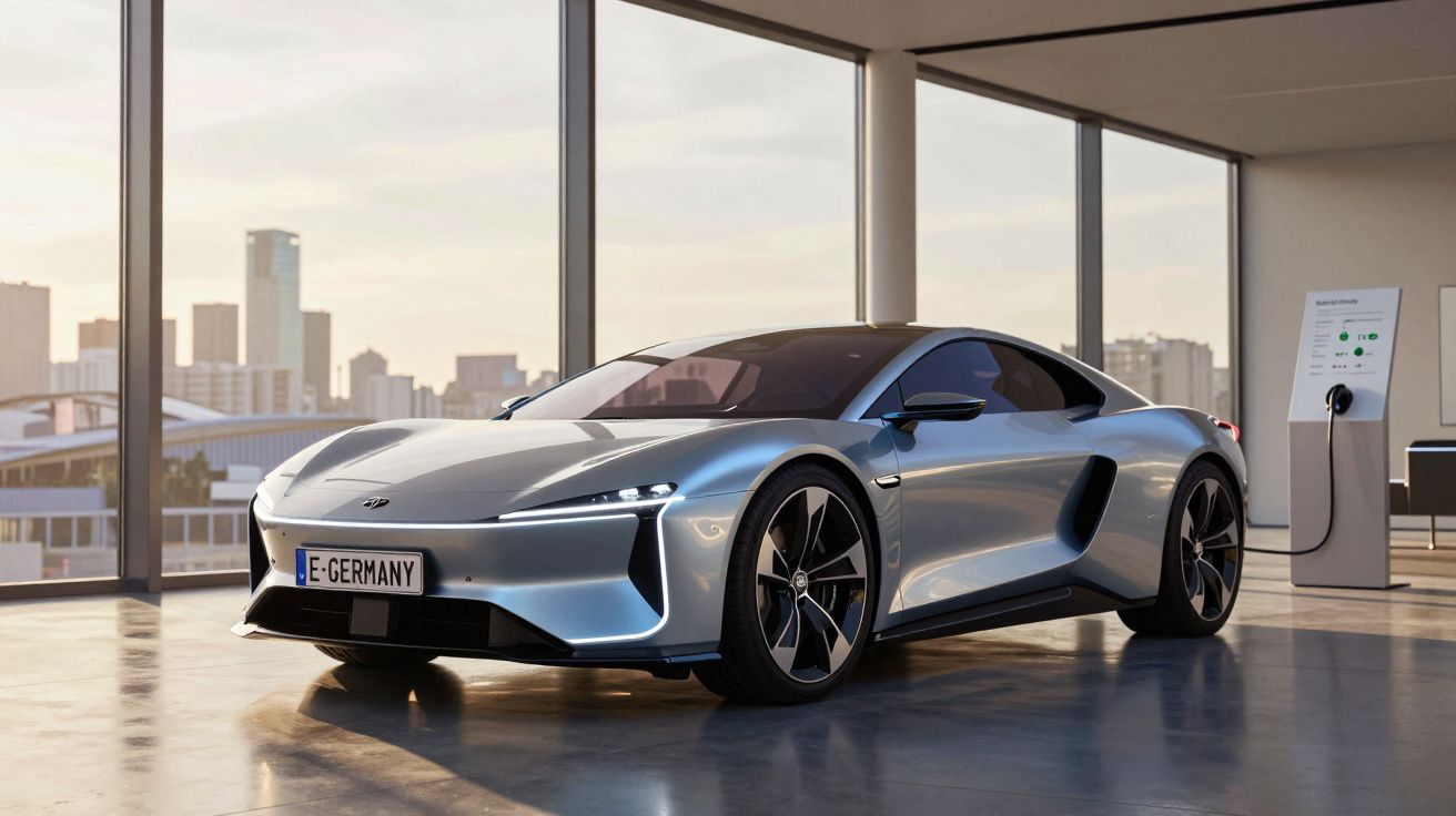 Carro desportivo elétrico prateado a carregar numa estação interior com vista para cidade ao pôr do sol.