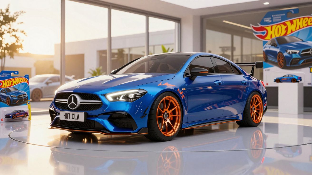 Carro azul Mercedes-Benz Hot Wheels com rodas laranja exibido num salão moderno com luz natural.
