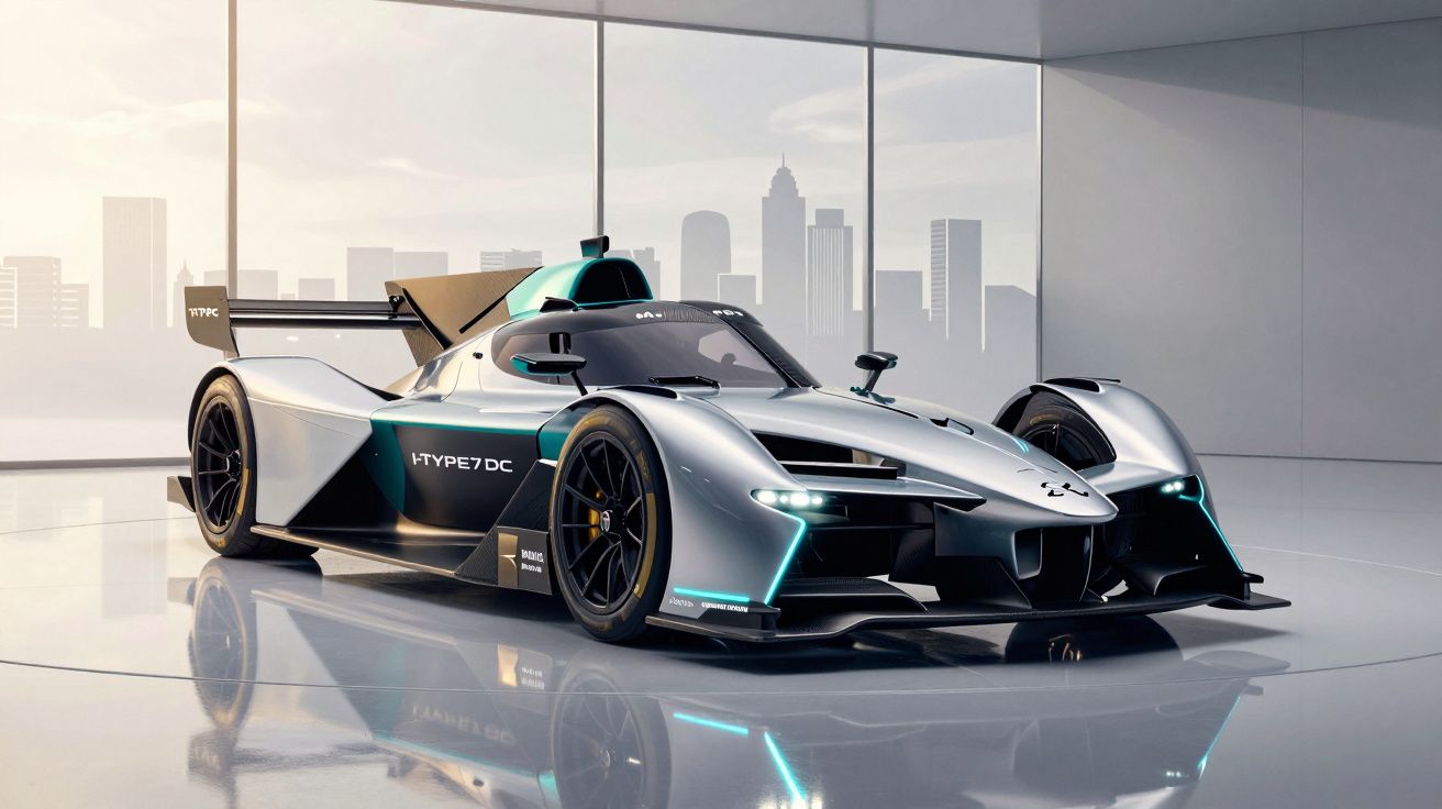 Carro de corrida futurista HYPE7 DC prata e preto num ambiente interior moderno com vista para cidade.