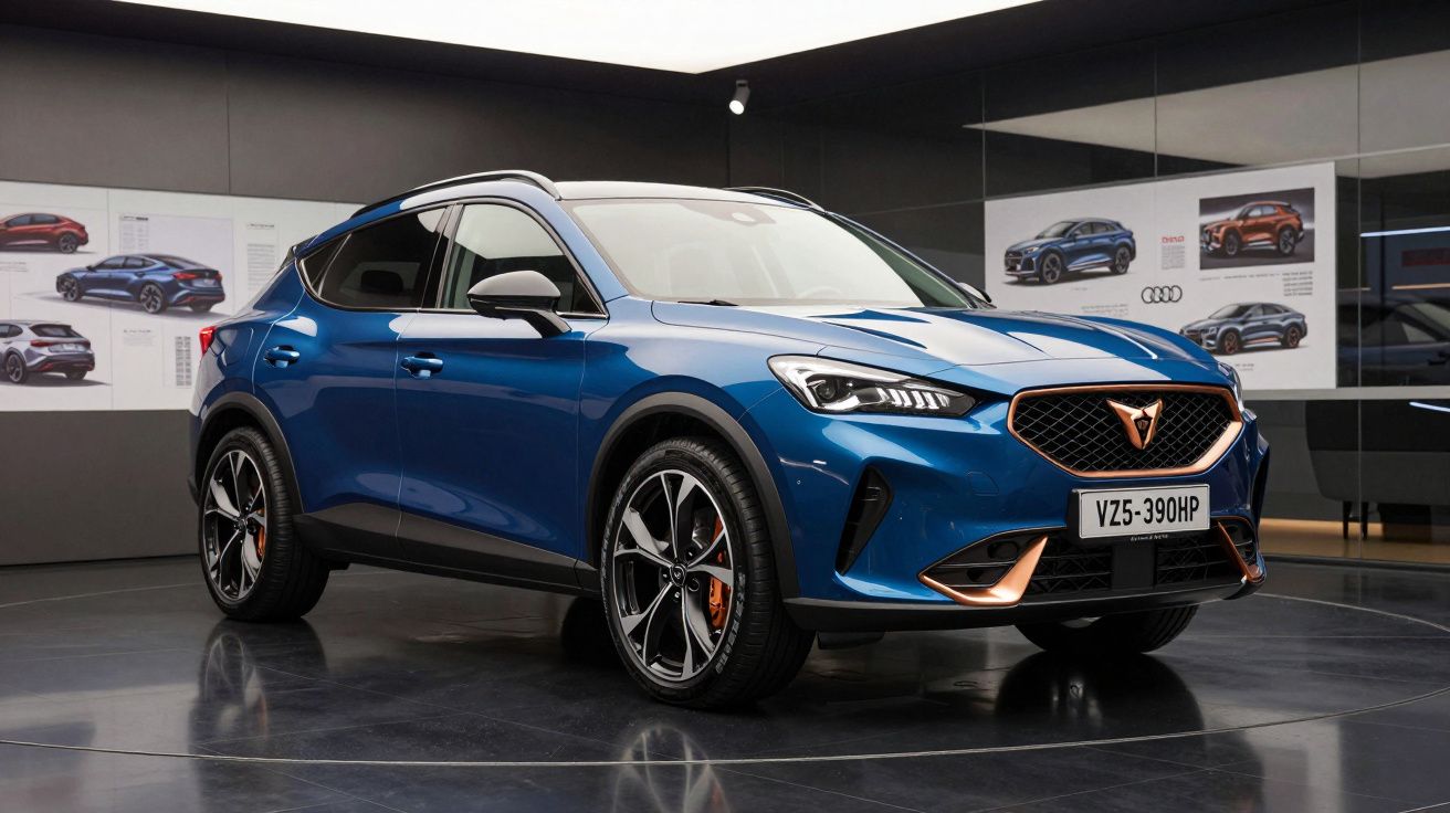 Carro SUV azul metalizado em exposição numa sala com paredes cinza e desenhos de carros.