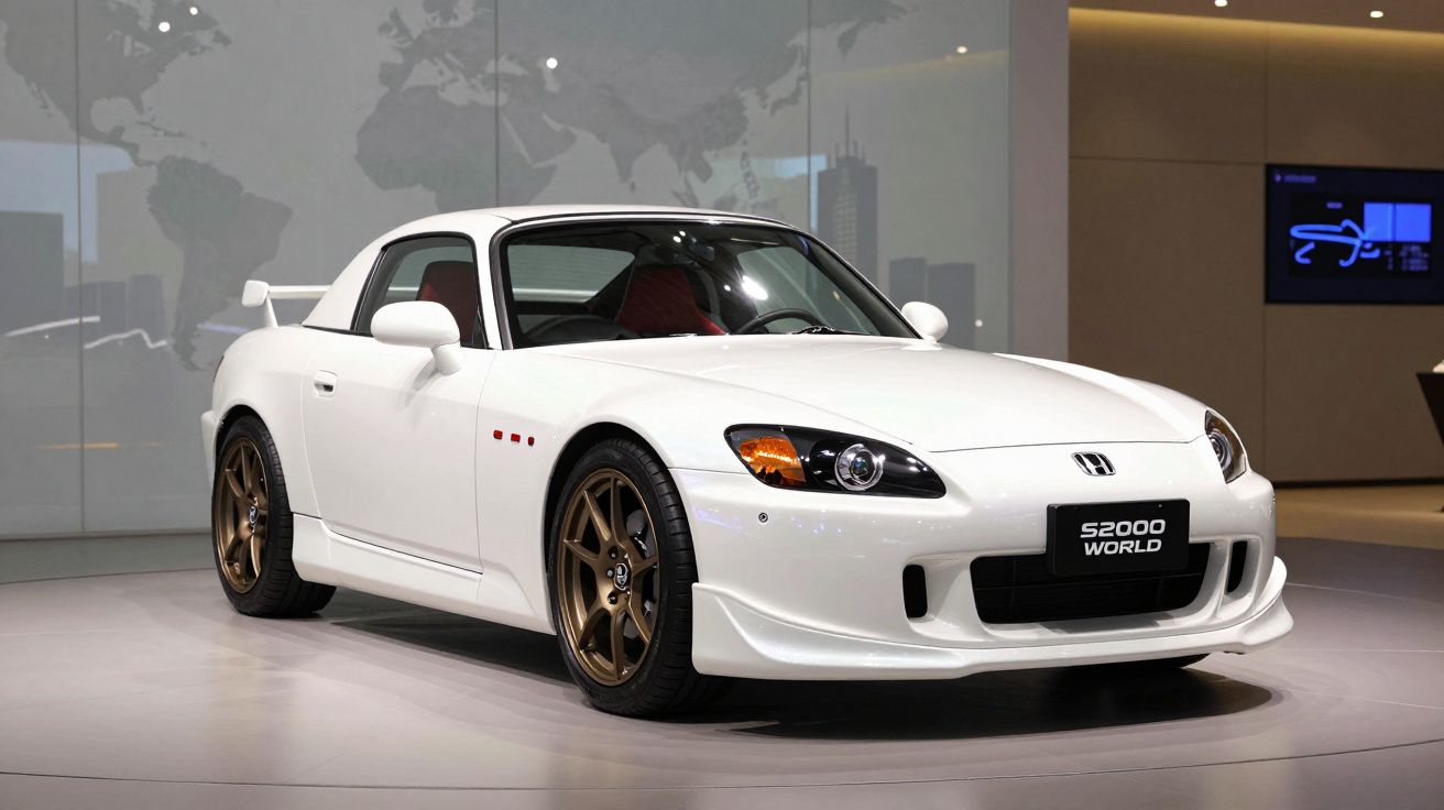 Carro desportivo Honda S2000 branco com jantes douradas exposto em salão automóvel.