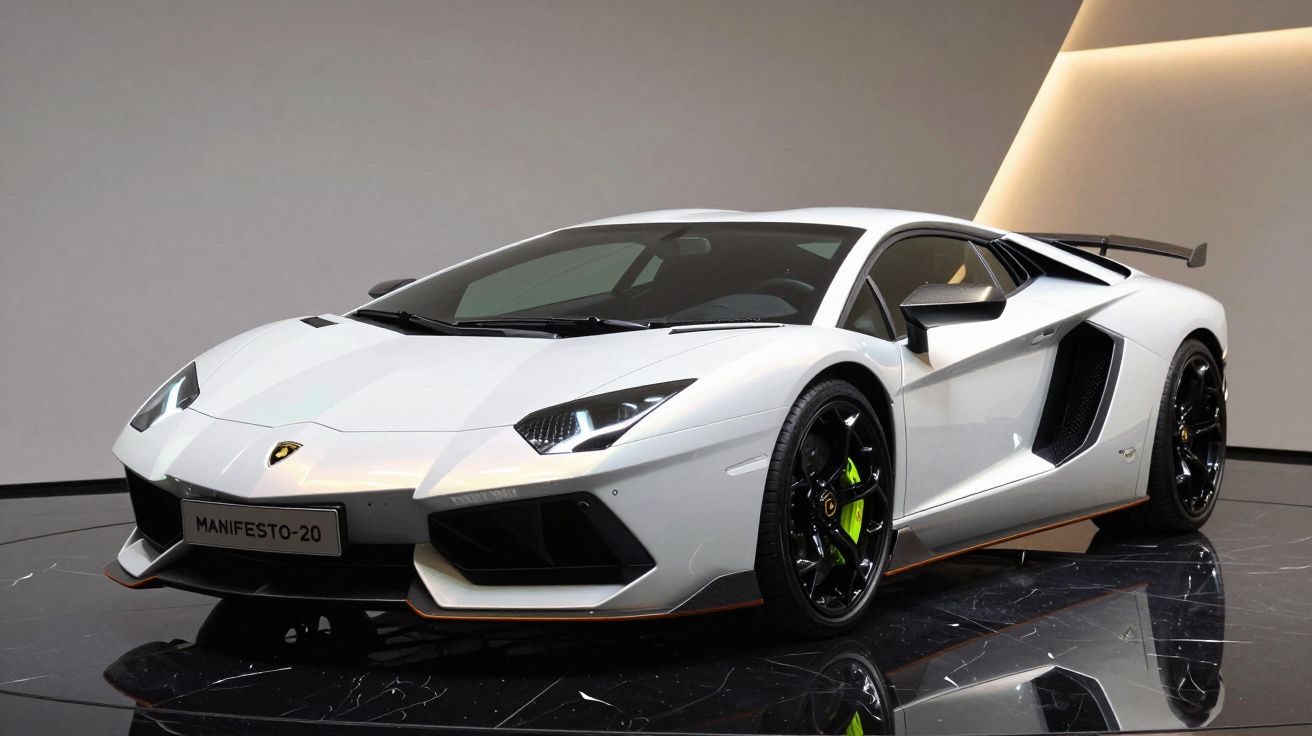 Automóvel desportivo Lamborghini branco exibido num salão com piso refletivo e iluminação suave.