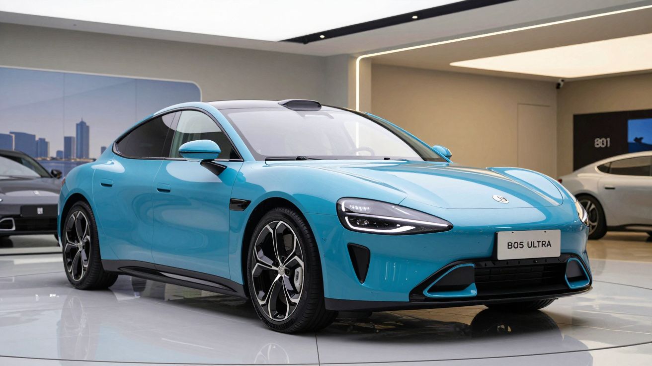 Automóvel esportivo azul claro modelo B05 Ultra exposto em salão moderno e iluminação branca.