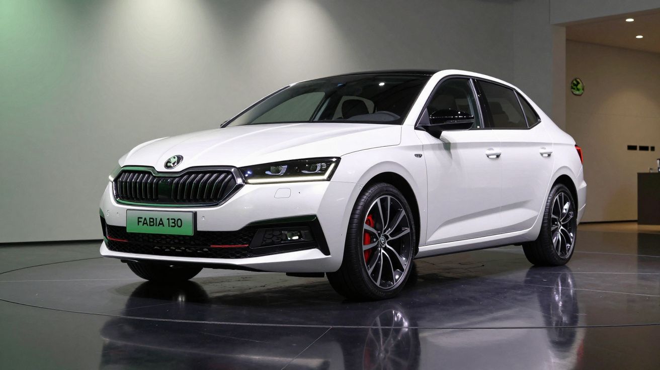 Automóvel branco Skoda Fabia 130 estacionado em pavimento polido, sob luz interior suave.