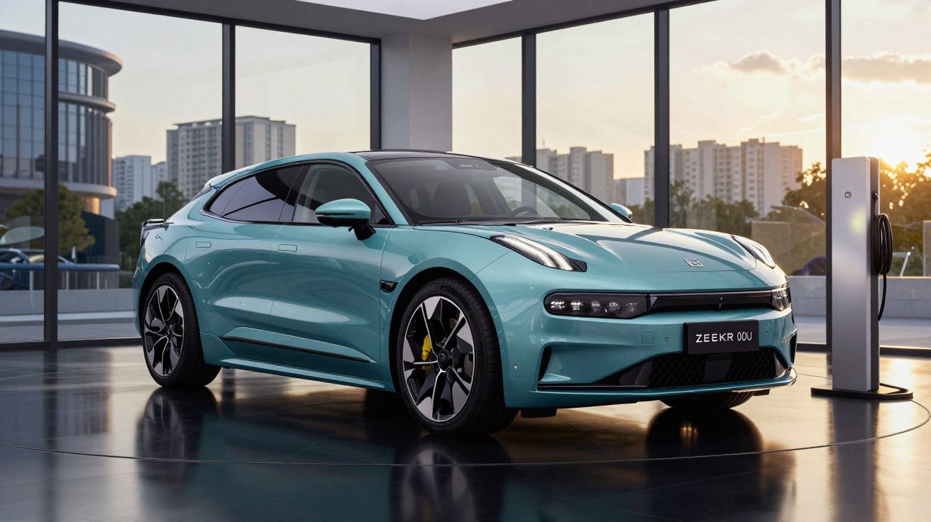 Carro elétrico azul claro estacionado em garagem moderna com paredes de vidro e estação de carregamento.