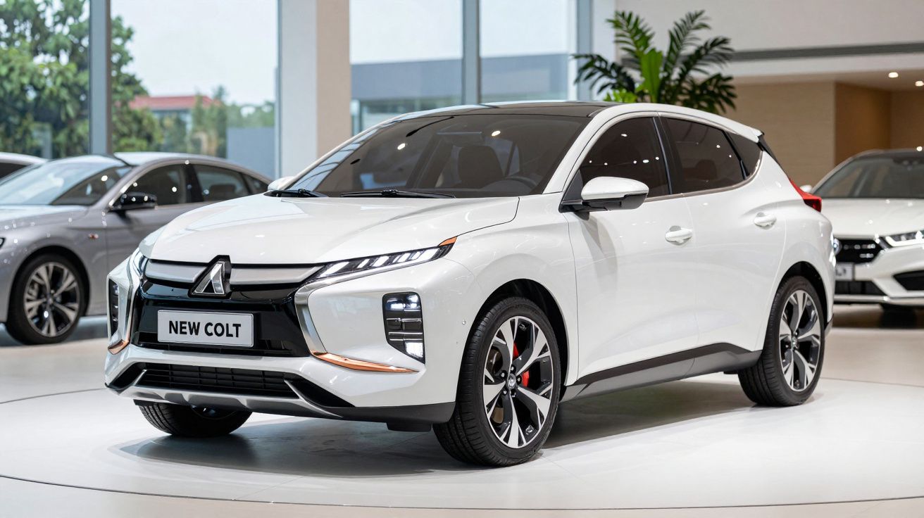 Carro branco Mitsubishi New Colt estacionado em sala de exposição moderna com janelas amplas.