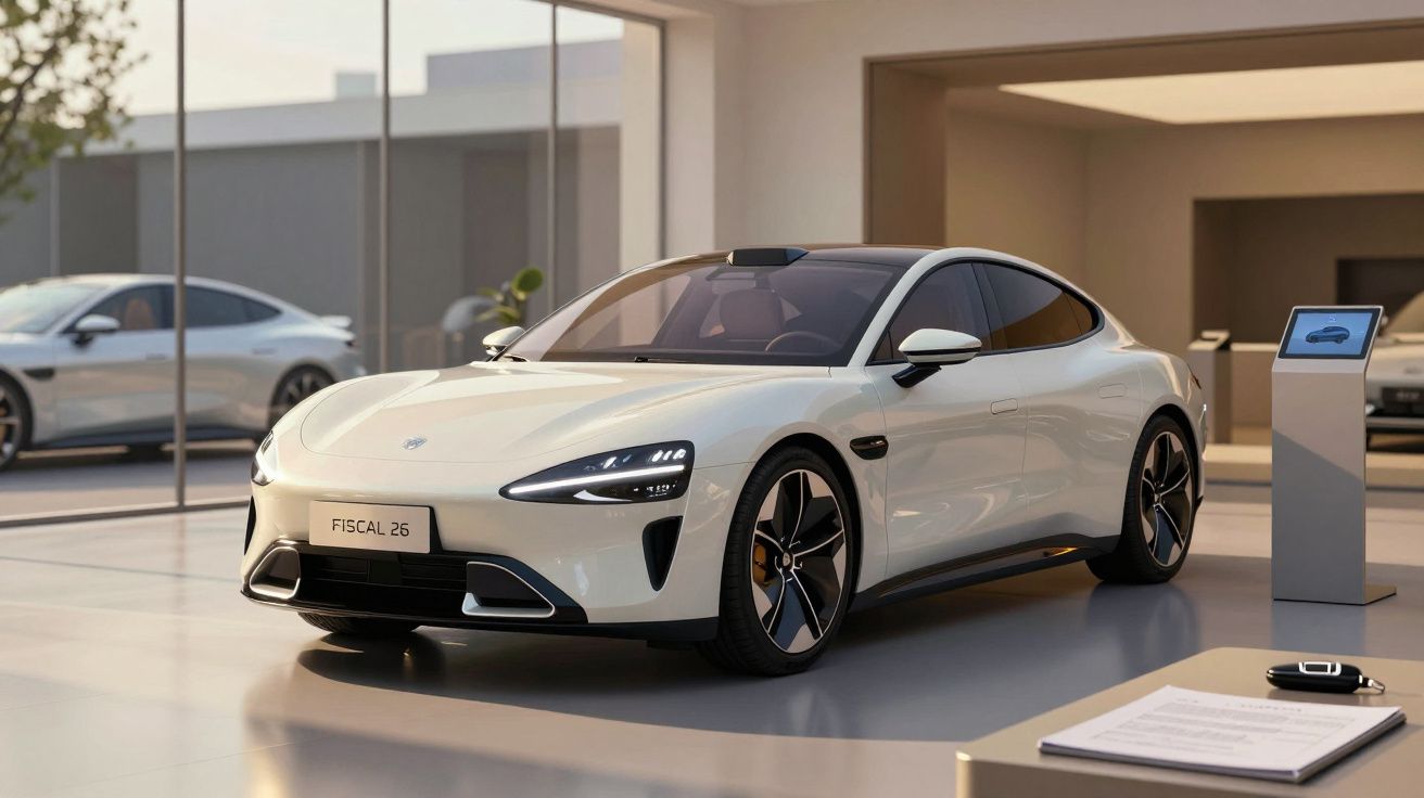 Carro elétrico branco modelo Fiscal 26 em exposição numa sala moderna com grande janela de vidro.