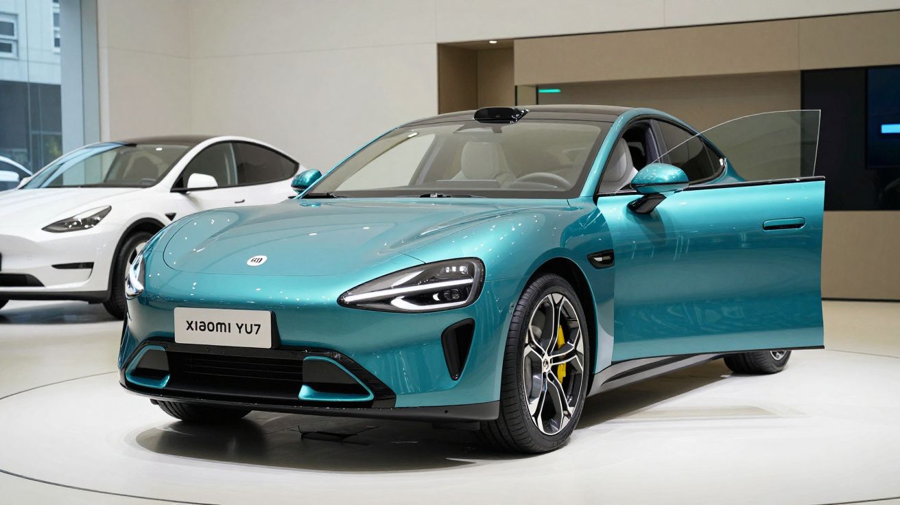 Carro desportivo elétrico azul Xiaomi YU7 com porta aberta em exposição interior.