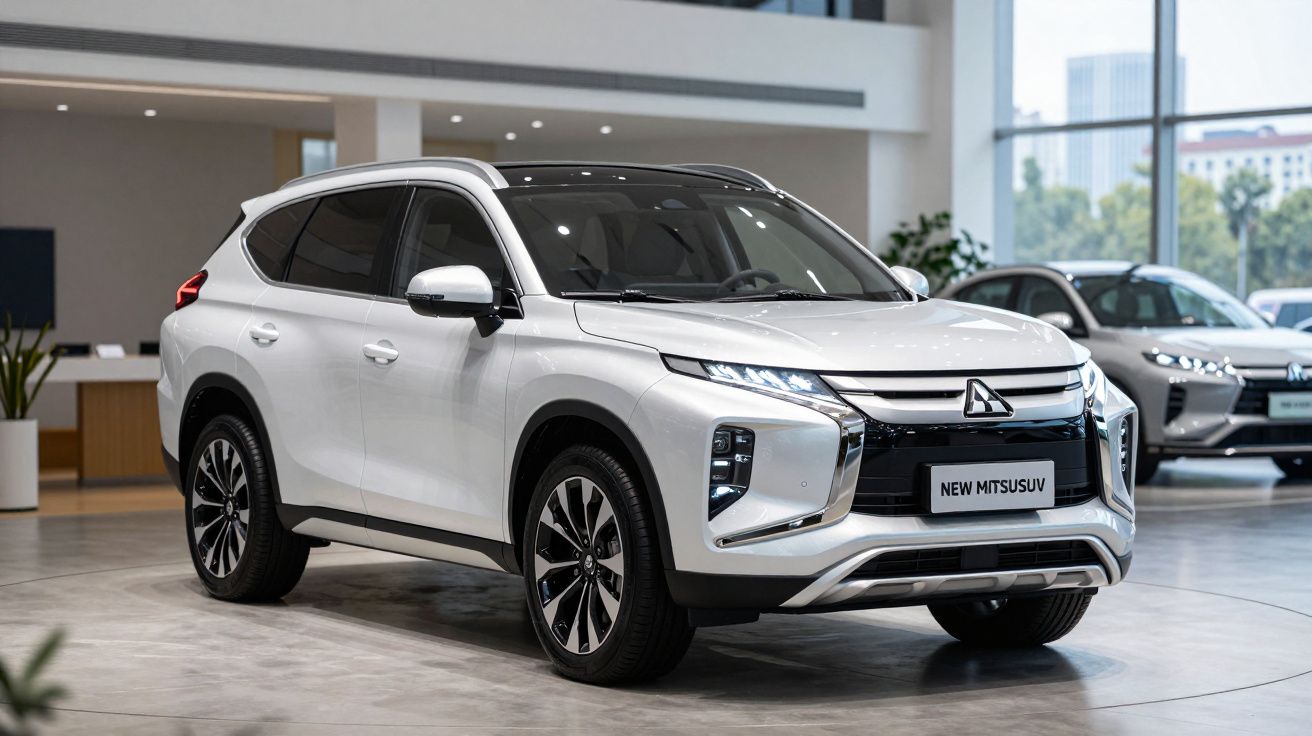 SUV branco da Mitsubishi estacionado numa sala de exposição moderna com janelas grandes.