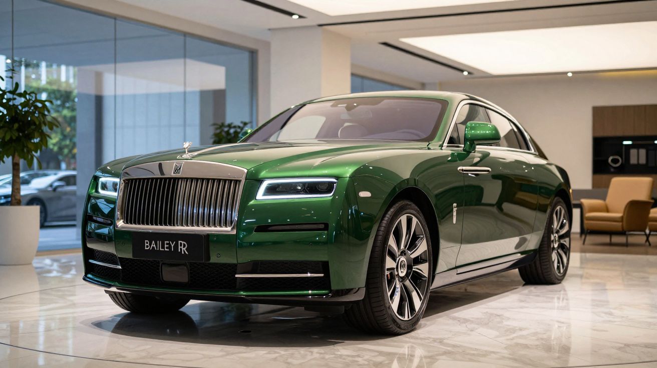 Carro de luxo verde Rolls-Royce estacionado num showroom moderno com chão em mármore.