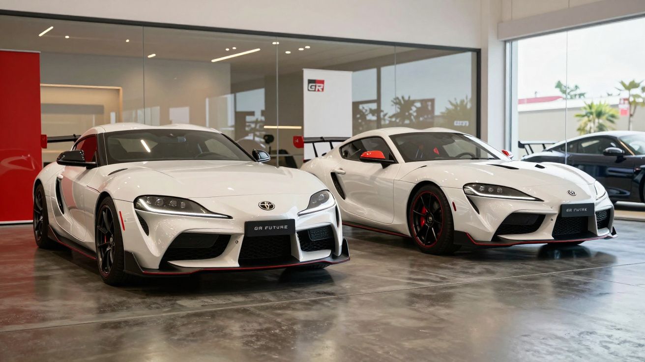 Dois carros desportivos Toyota GR Supra brancos com detalhes vermelhos numa garagem moderna.