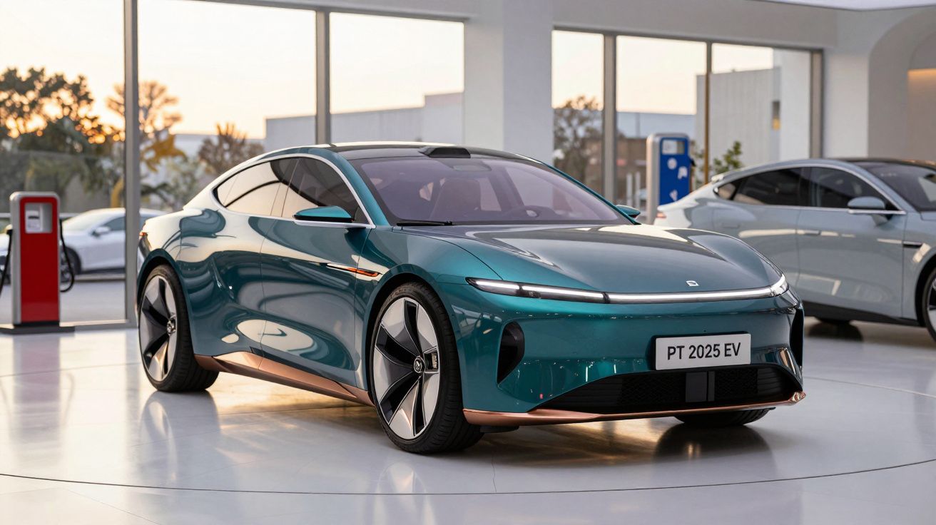 Carro elétrico moderno verde num showroom com jantes aerodinâmicas e luzes LED finas.