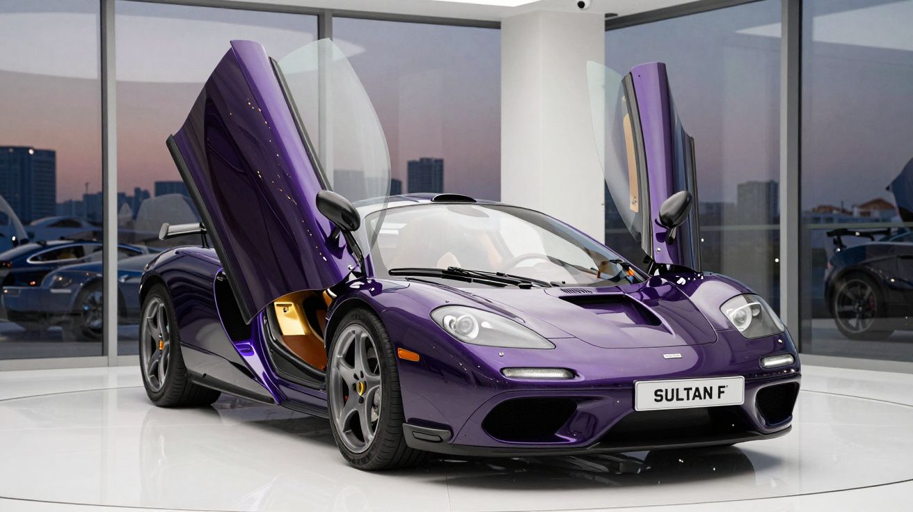 Carro desportivo roxo com portas de abrir para cima estacionado num showroom moderno com janelas panorâmicas.