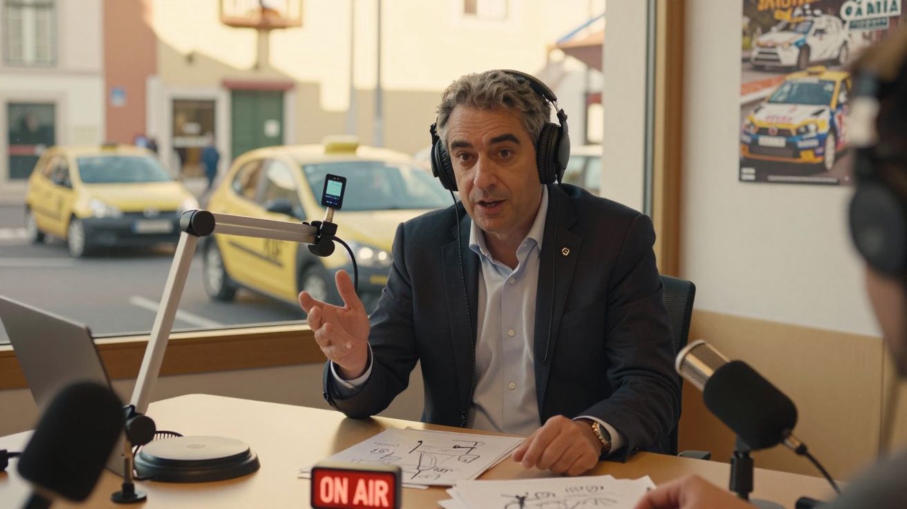 Homem com auscultadores fala num estúdio de rádio com microfones e sinal de "ON AIR" em destaque.