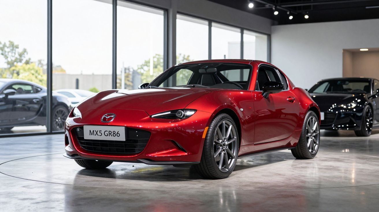 Carro desportivo vermelho Mazda MX5 GR86 estacionado em ambiente interior moderno com piso de cimento polido.