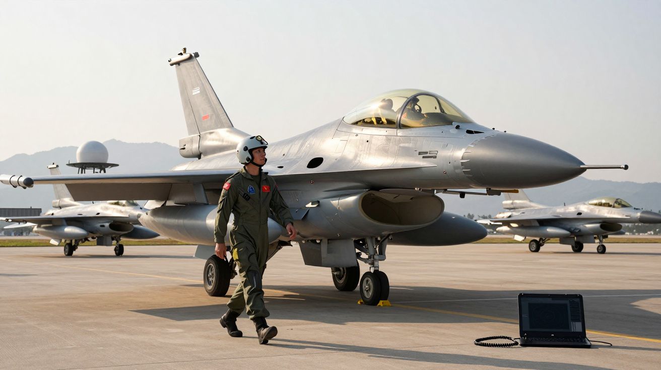 Caça militar estacionado em pista com piloto a caminhar e computador portátil no chão ao lado.